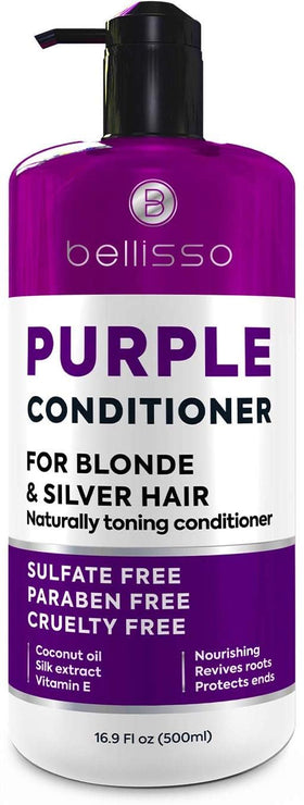 Bellisso purple conditioner bottle close-up showing sulfate-free toning for blonde hair.