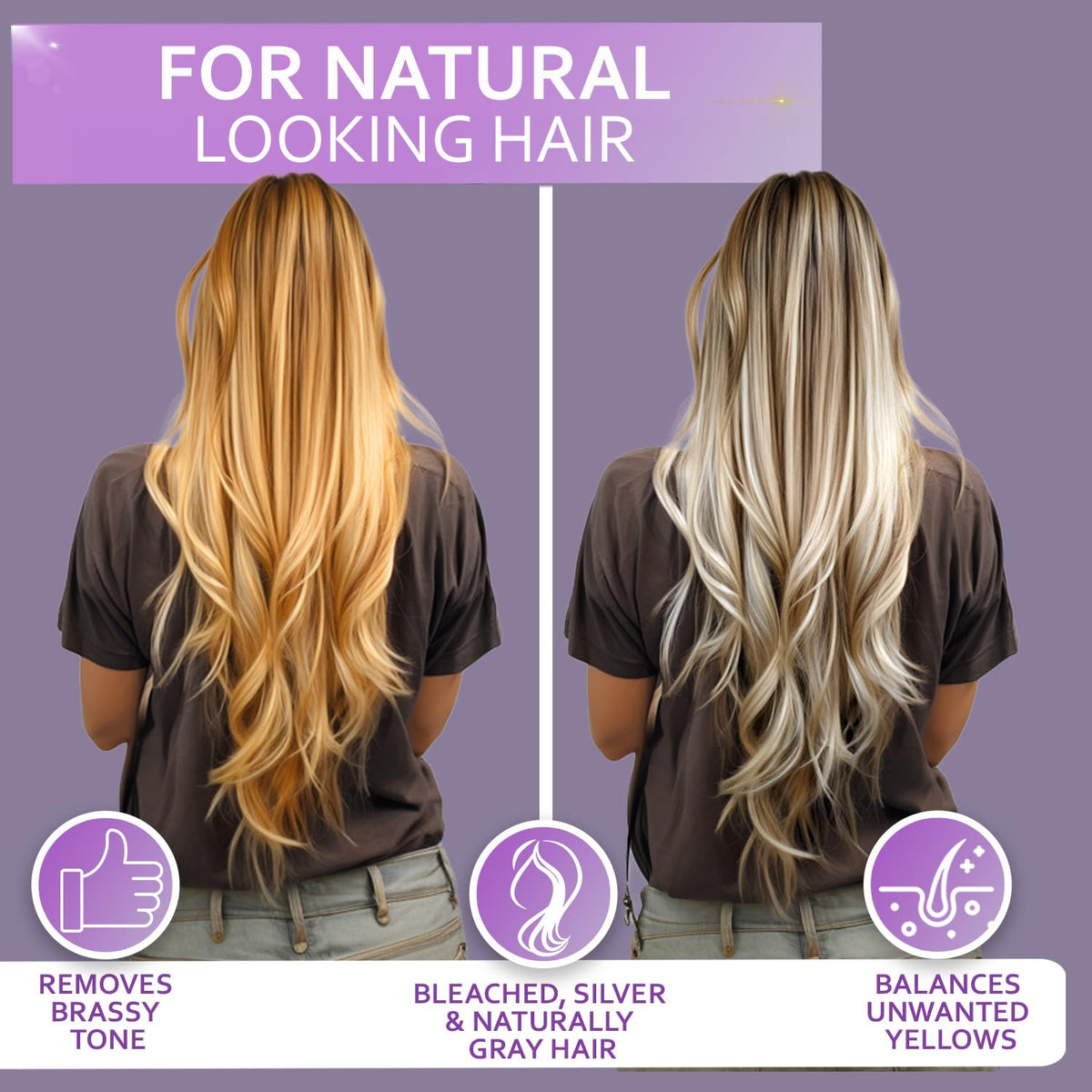 Bellisso purple conditioner bottle pour demonstrates easy, even application for brassy hair.