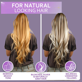 Bellisso purple conditioner bottle pour demonstrates easy, even application for brassy hair.