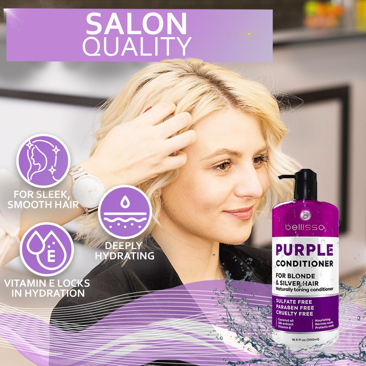 Bellisso packaging on display highlights a sulfate-free formula for color-treated hair.