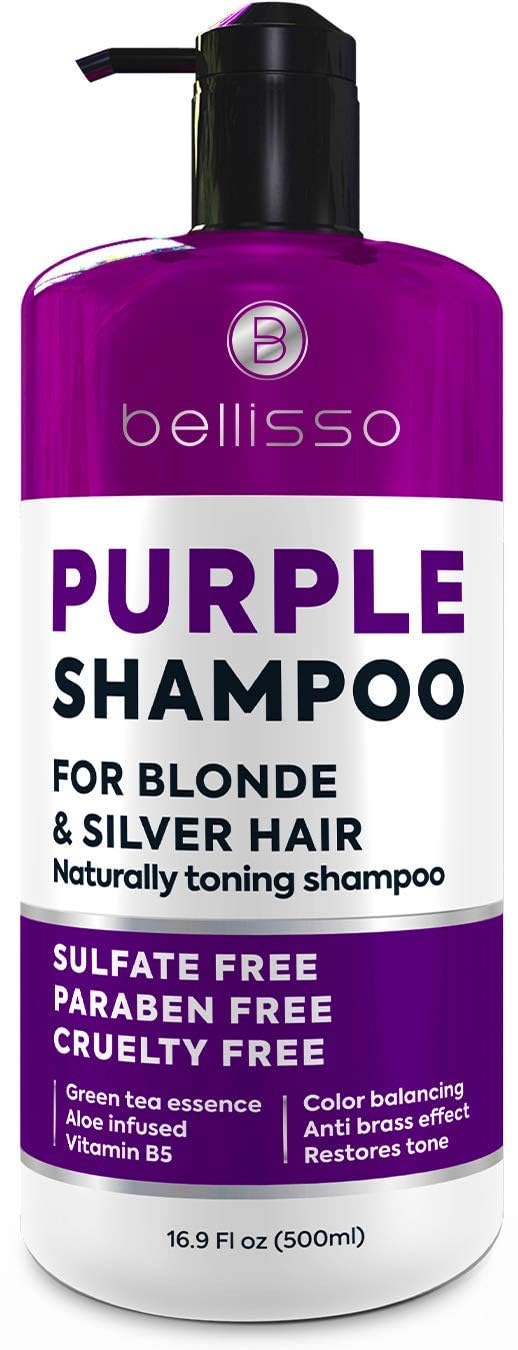 Bellisso purple shampoo bottle close-up showing brassiness neutralization for blonde hair.