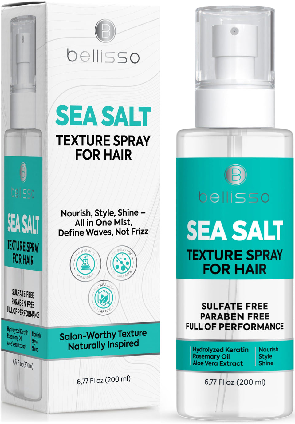 Bellisso Sea Salt Spray bottle demonstrates lightweight texture with natural lift for versatile styling.