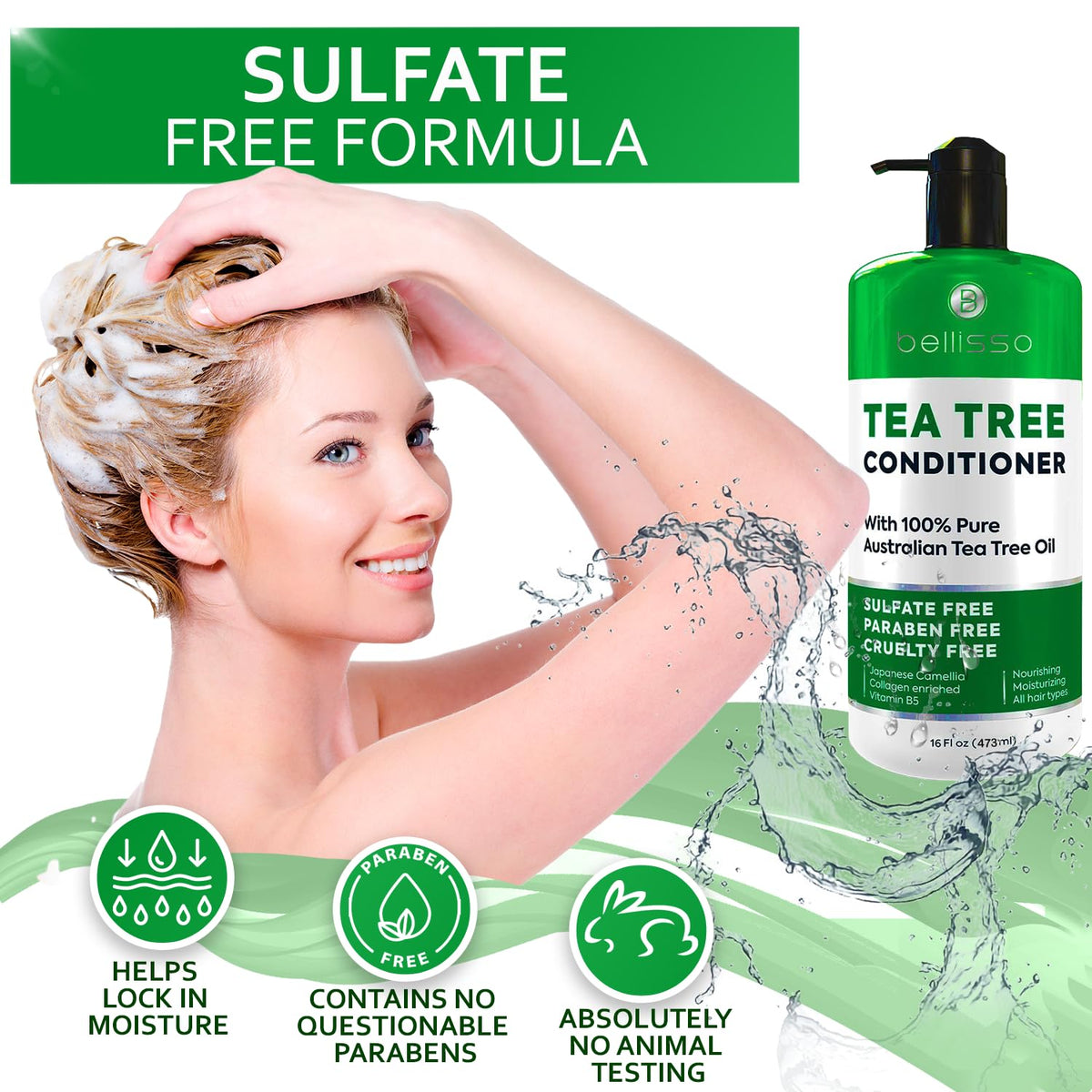Bellisso Tea Tree Oil Conditioner on sink beside hair care routine.