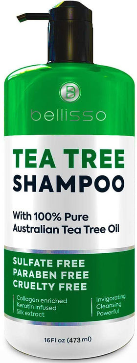 Bellisso Tea Tree Shampoo bottle closeup showing sulfate-free formula for oily hair