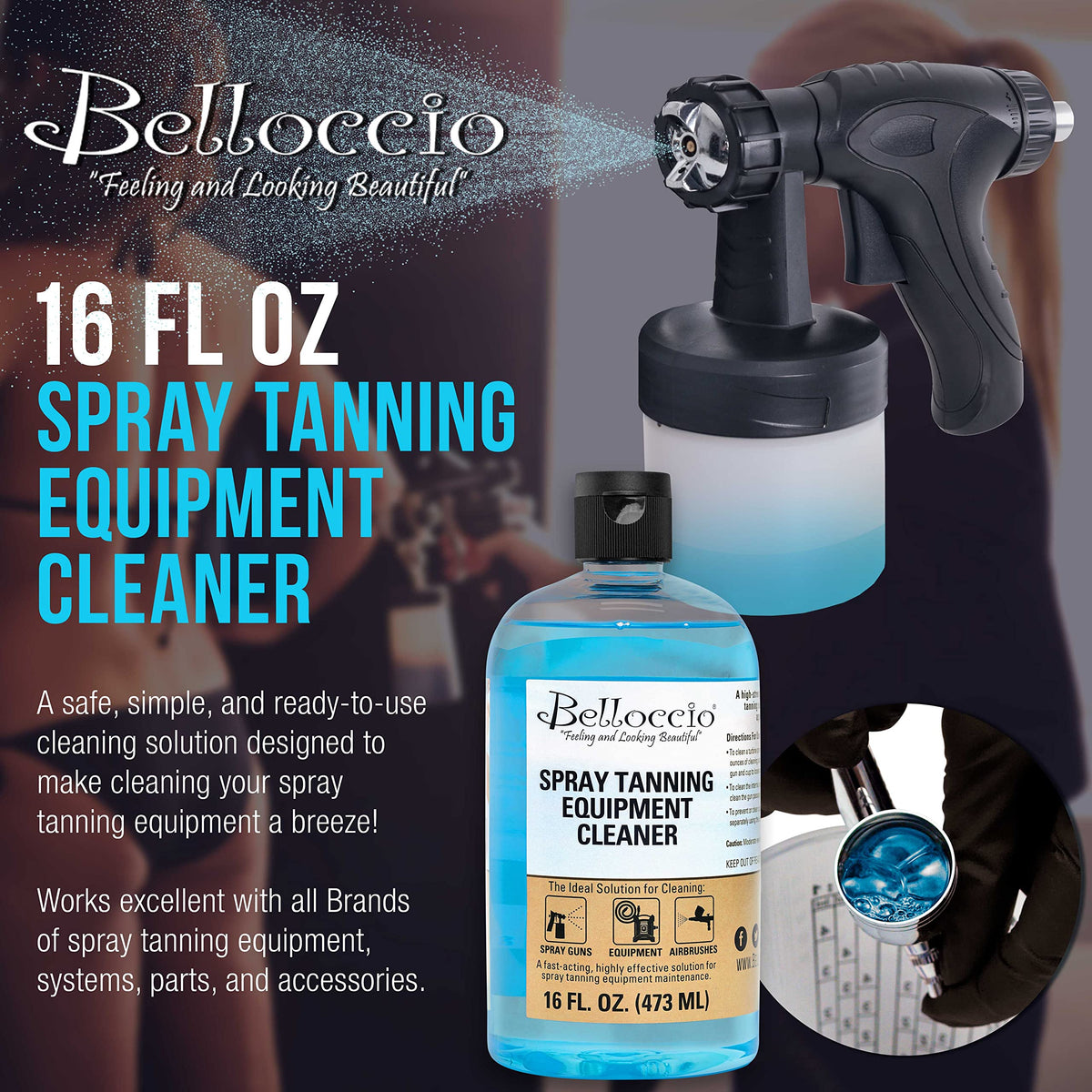Belloccio airbrush cleaning solution shown for safe, eco-friendly maintenance.