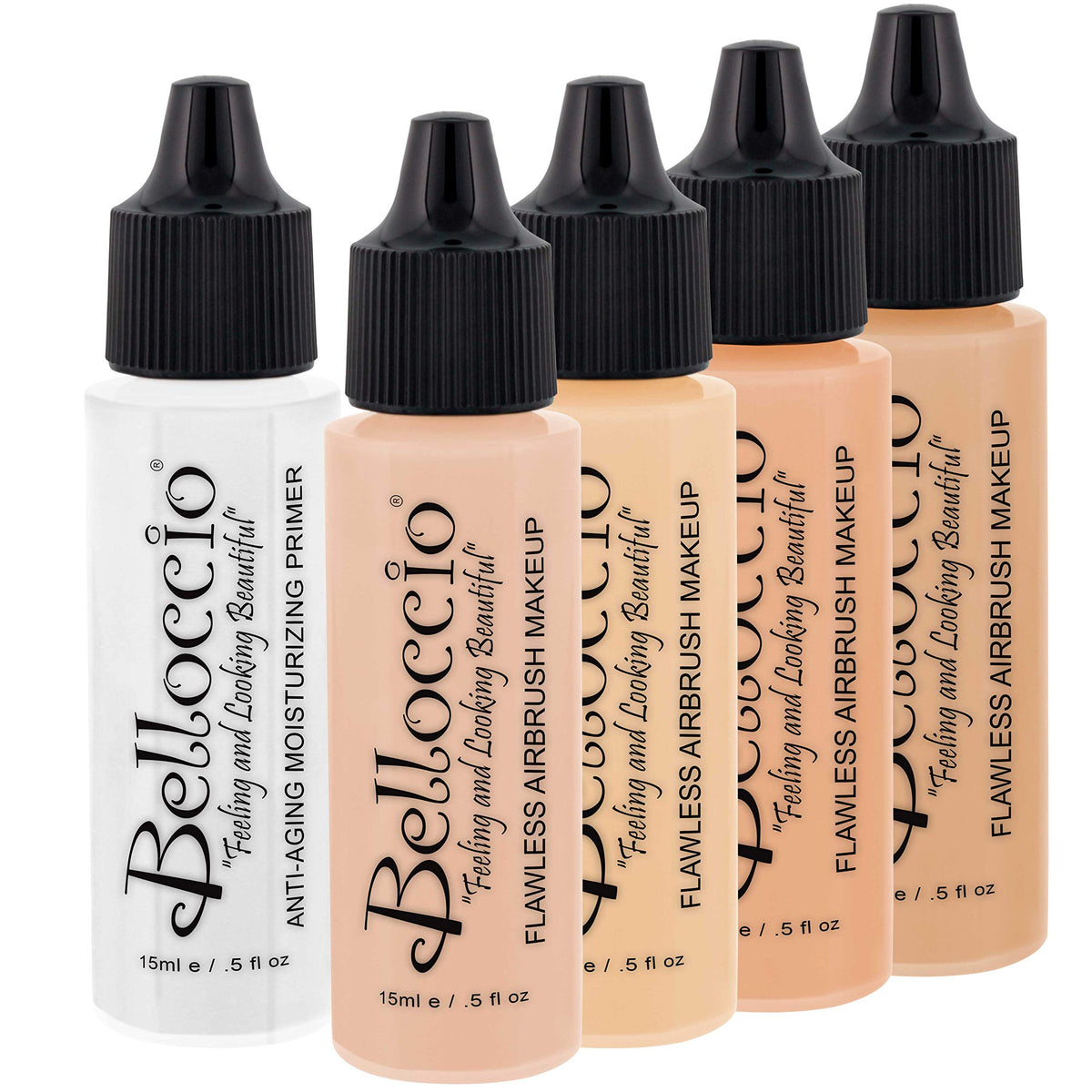 belloccio fair color foundation set with four light tones for tailored coverage.