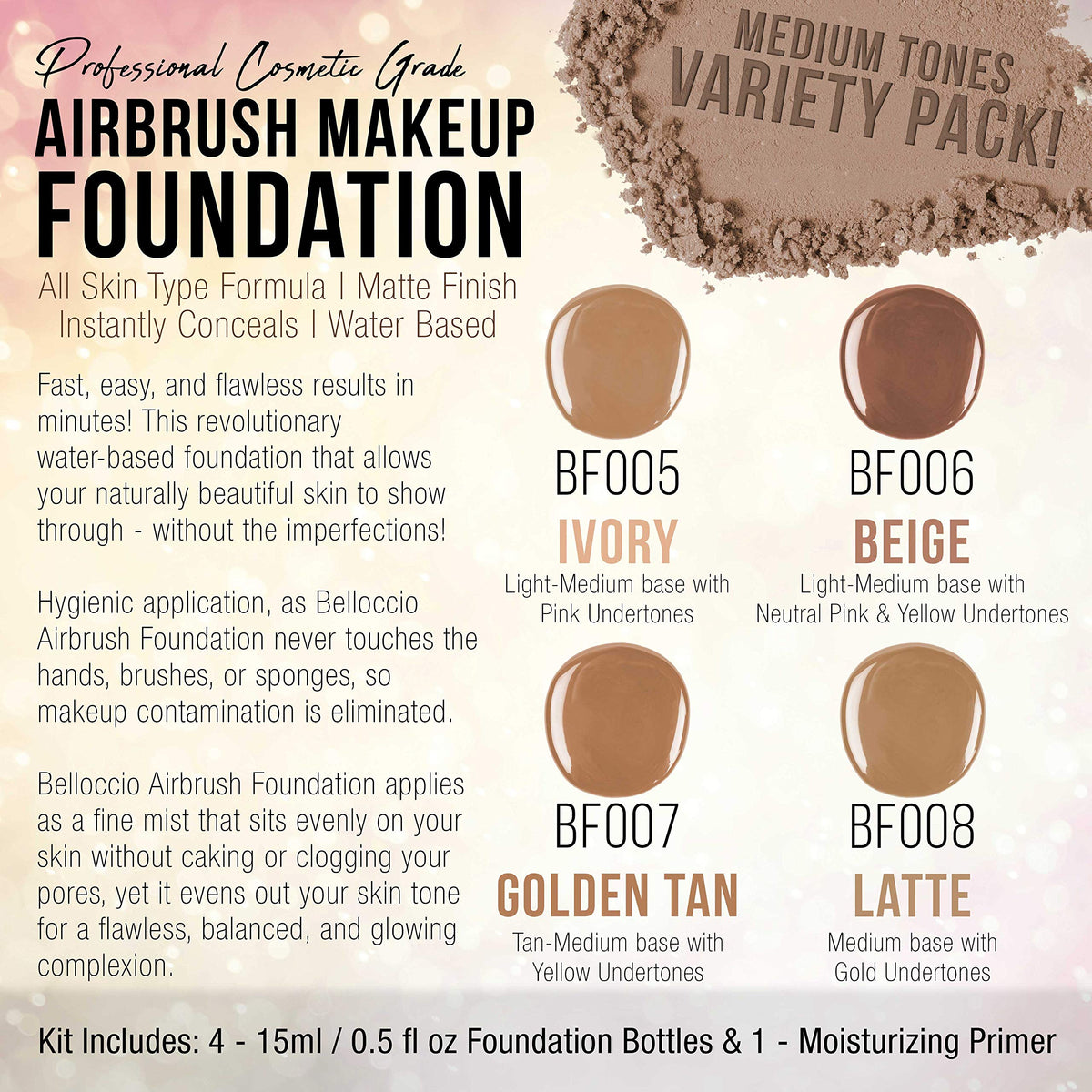 Belloccio medium shade swatches show pink, yellow, and olive undertones for natural blending.
