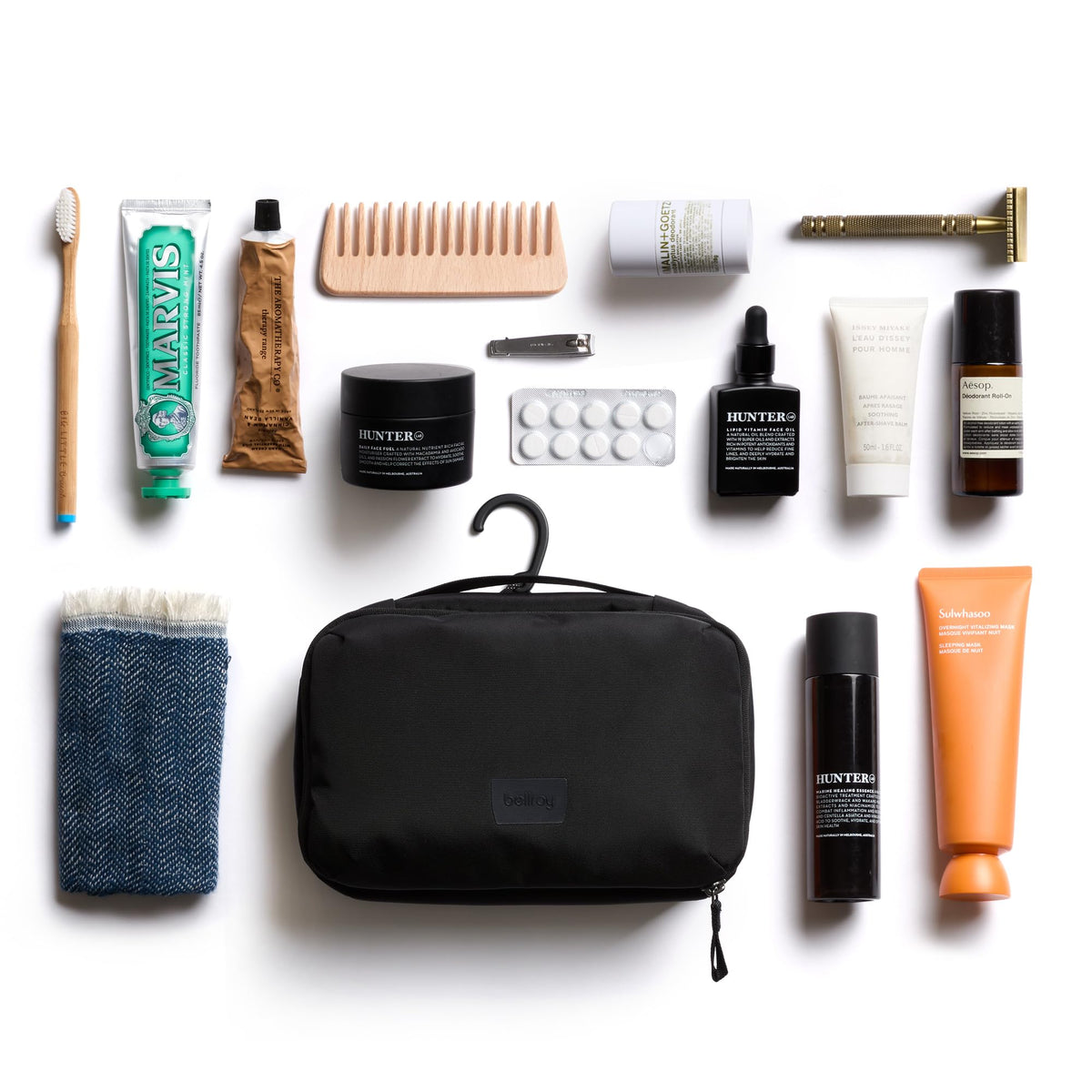 Bellroy Hanging Toiletry Kit aluminum hook hangs over door for travel