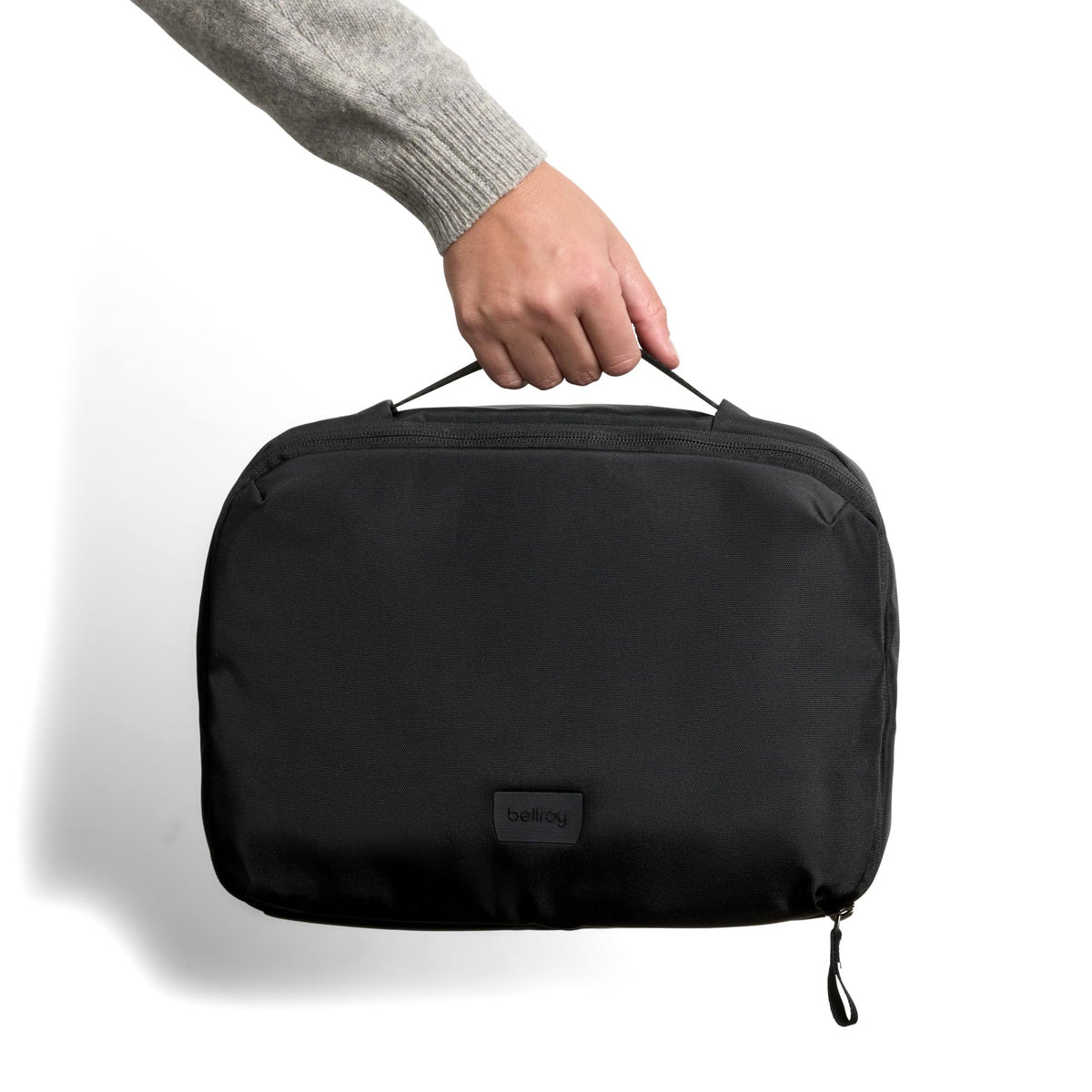 Bellroy Hanging Toiletry Kit Plus aluminum hook allows hands-free hanging over doors.