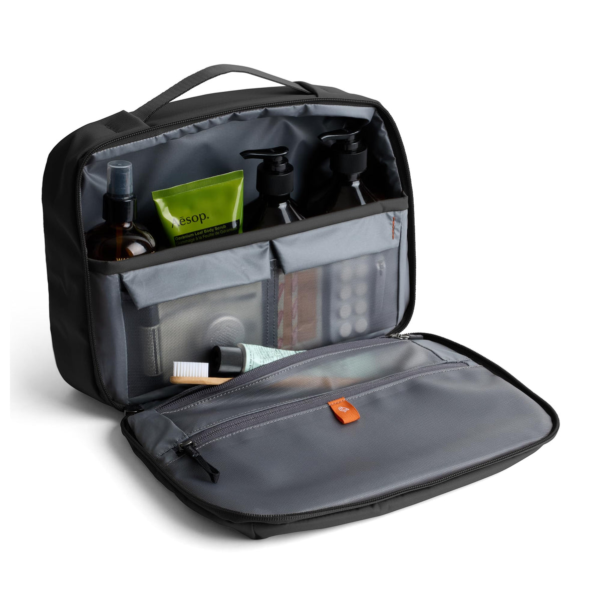 Bellroy Hanging Toiletry Kit Plus tall shelf-pocket keeps items organized on trips.