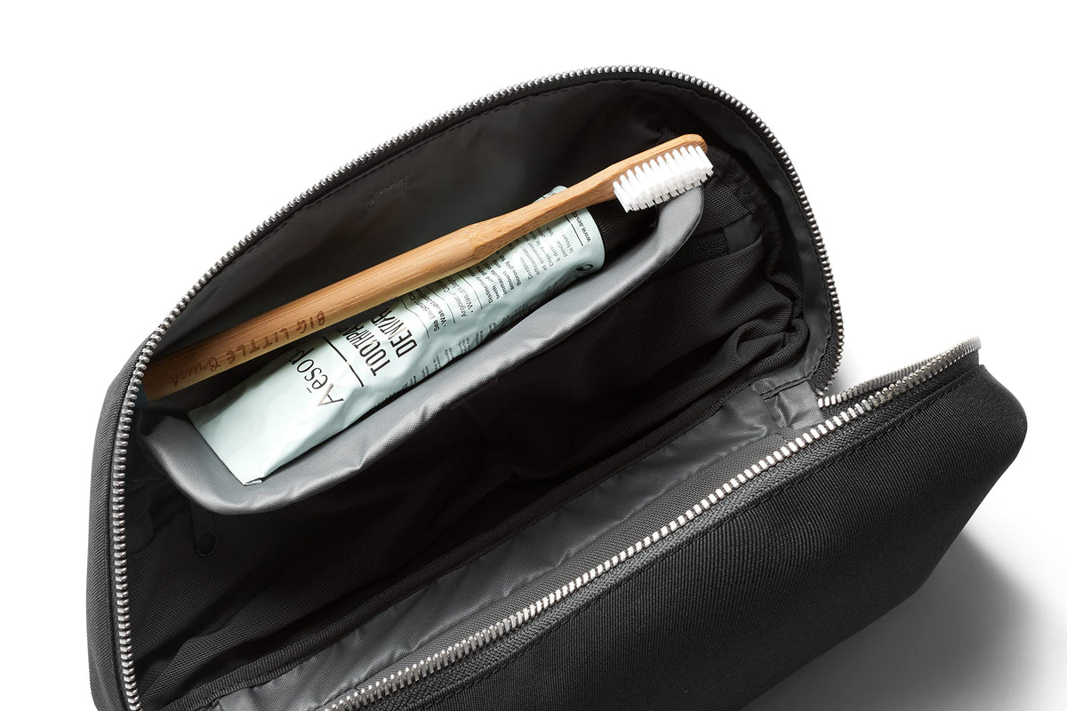 Bellroy Toiletry Kit Plus slate angled zipper provides easy access to contents.