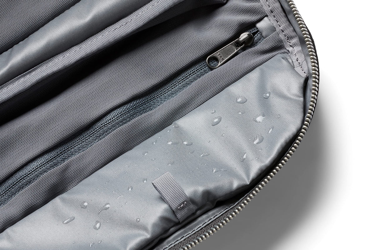 Bellroy Toiletry Kit Plus slate water-resistant fabric protects contents.