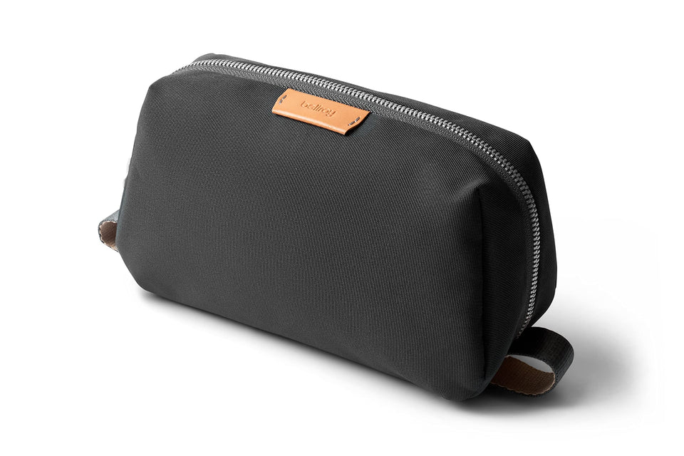 Bellroy Toiletry Kit with water-resistant lining keeps contents dry during travel.