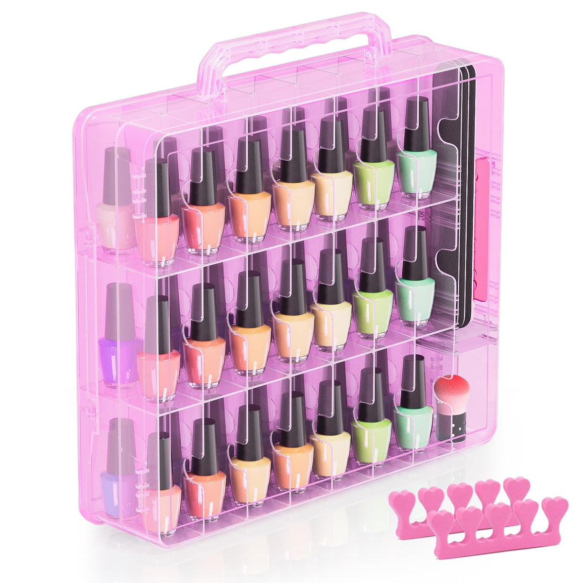 Beloving nail polish organizer front view highlights easy access and 48-bottle capacity.