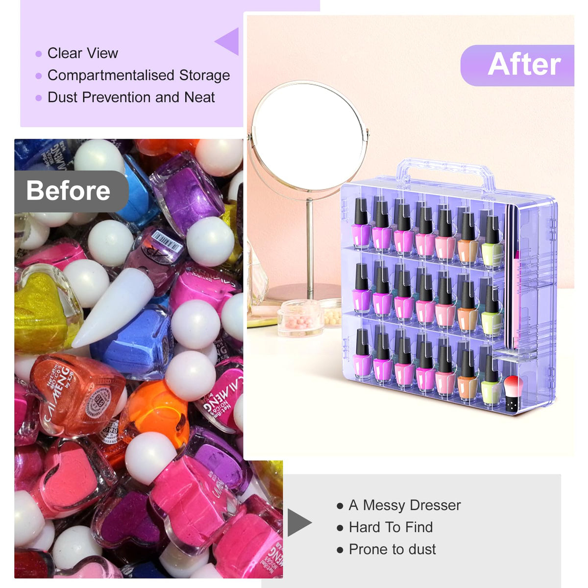 Beloving nail polish organizer adjustable dividers for customized storage.