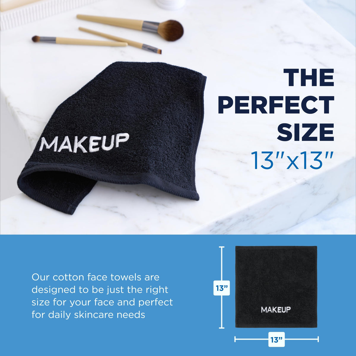 Ben Kaufman makeup remover washcloth embroidery, decorative white MAKEUP detail for vanity decor.