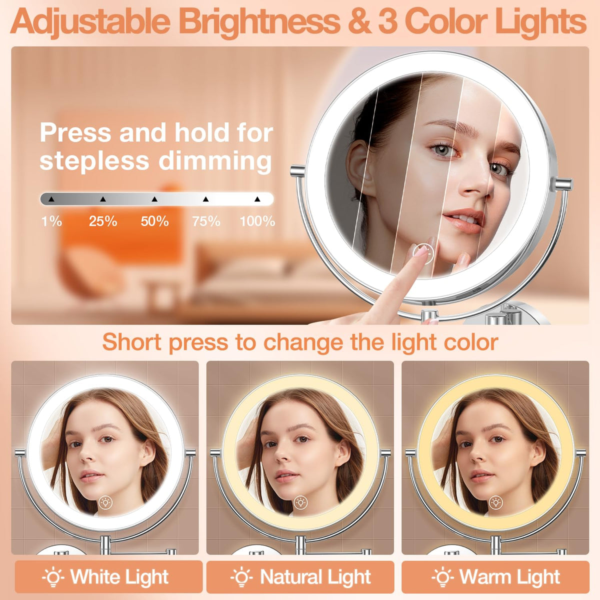 Three color lighting modes for day-to-night makeup.