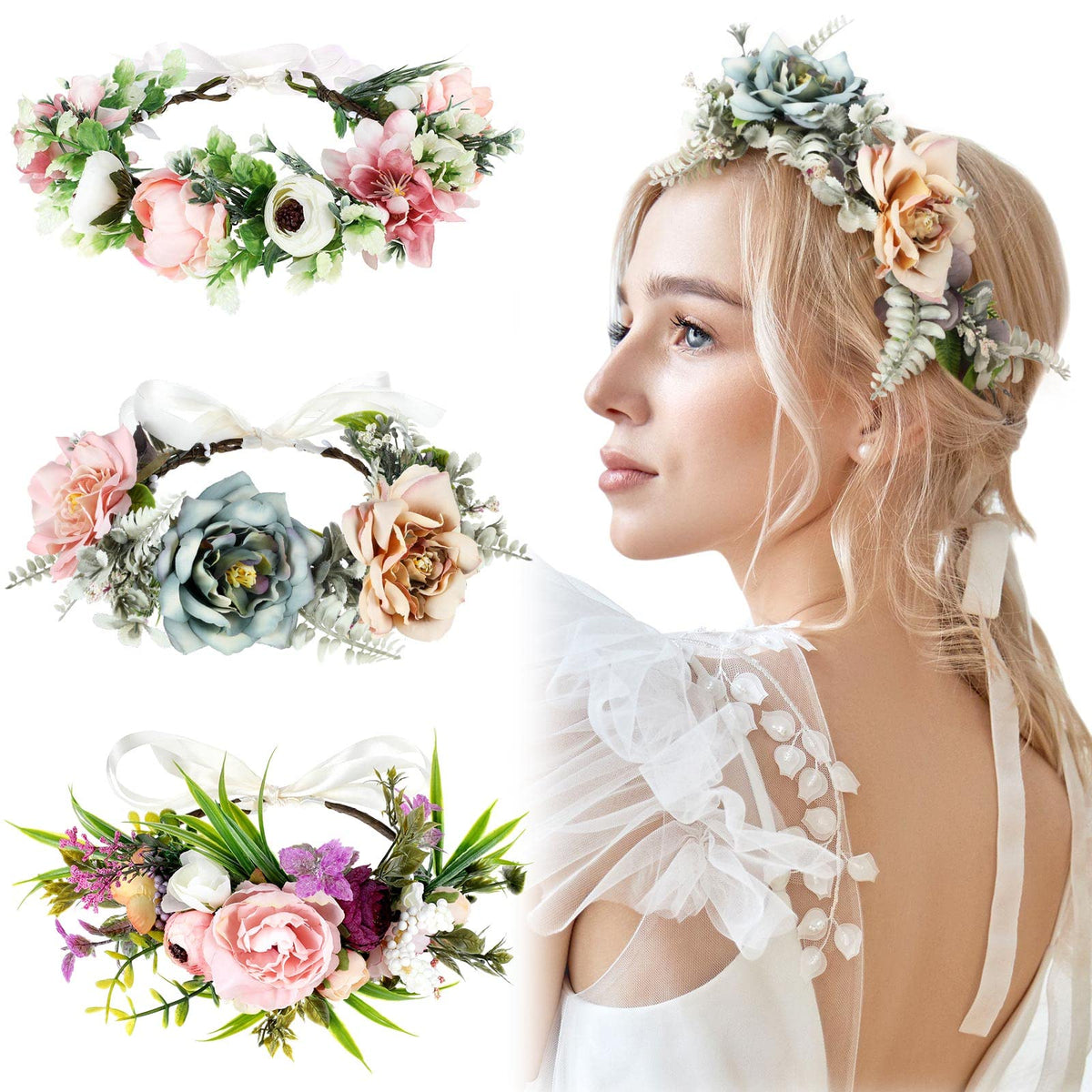 Bencailor 3-piece flower crowns set for versatile wedding and party looks