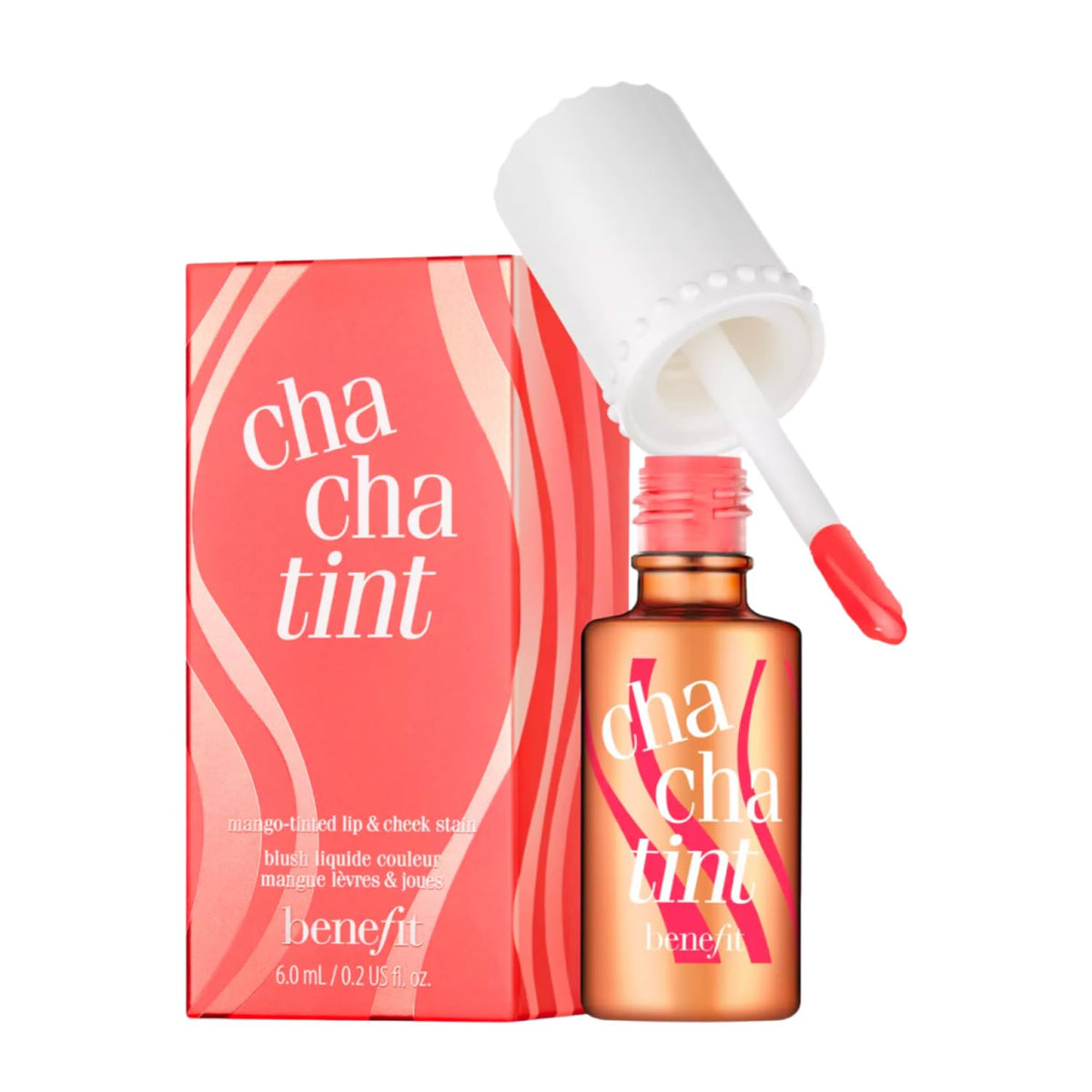 Benefit Cha Cha Tint mango lip stain bottle delivers long-lasting color