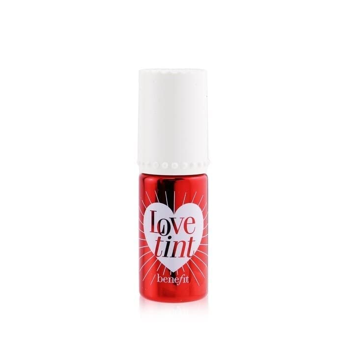 Benefit Love Tint color swatch shows fiery-red shade on lips
