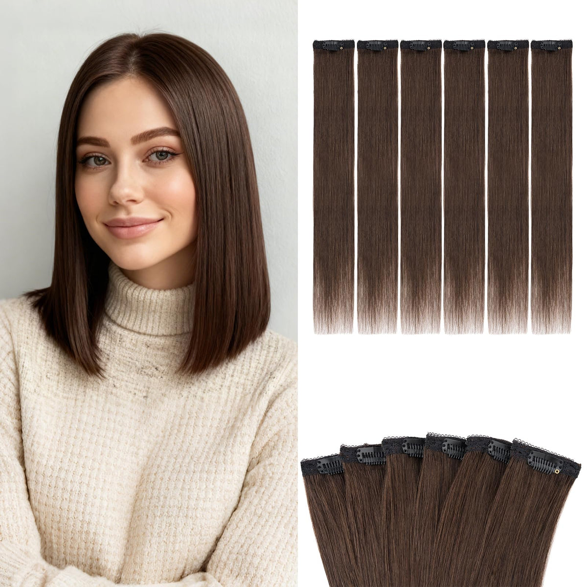 Benehair clip-in extensions packaging for instant volume and length.