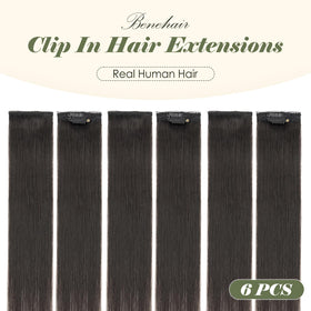 Benehair clip-in extensions close-up showing six secure clips.