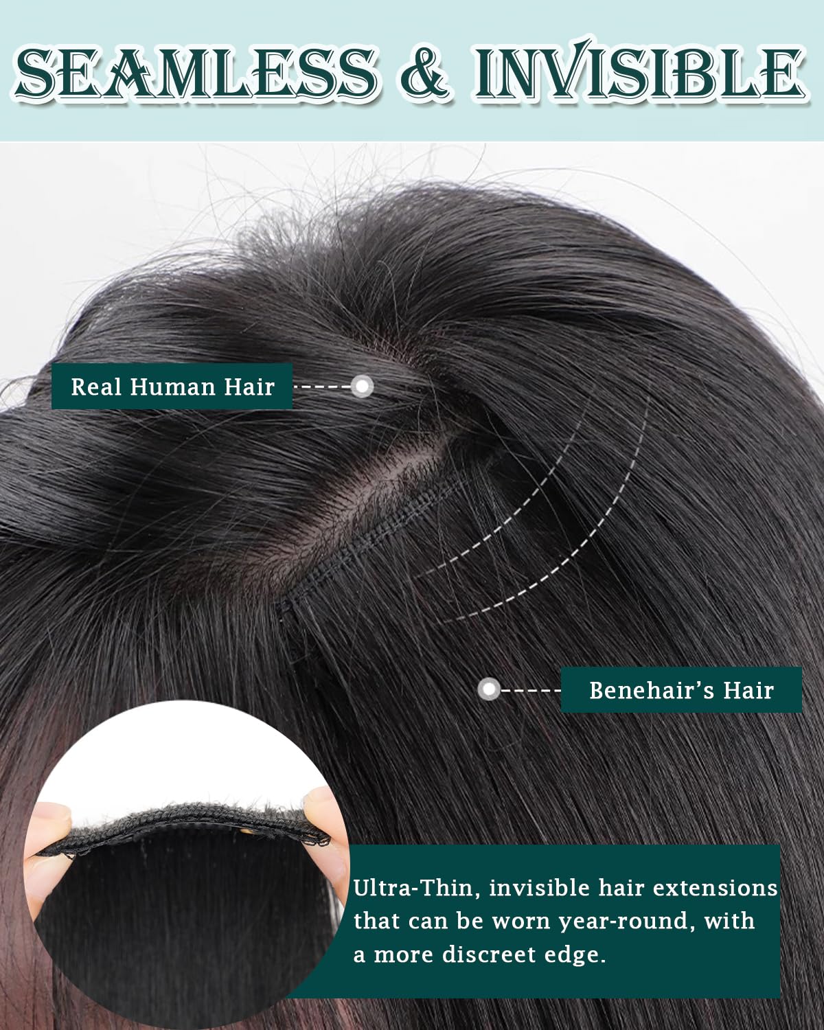 Benehair clip-in extensions on a mannequin showing discreet secure clips.
