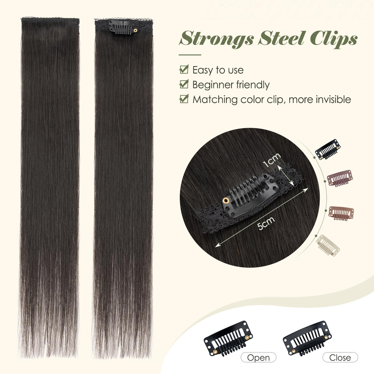 Benehair clip-in extension being worn by model for instant length and volume.