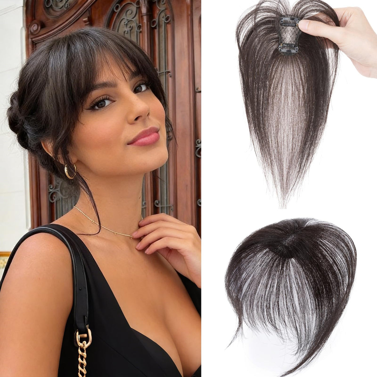 Benehair clip-on bangs 360° coverage for a natural blend and quick transformation.