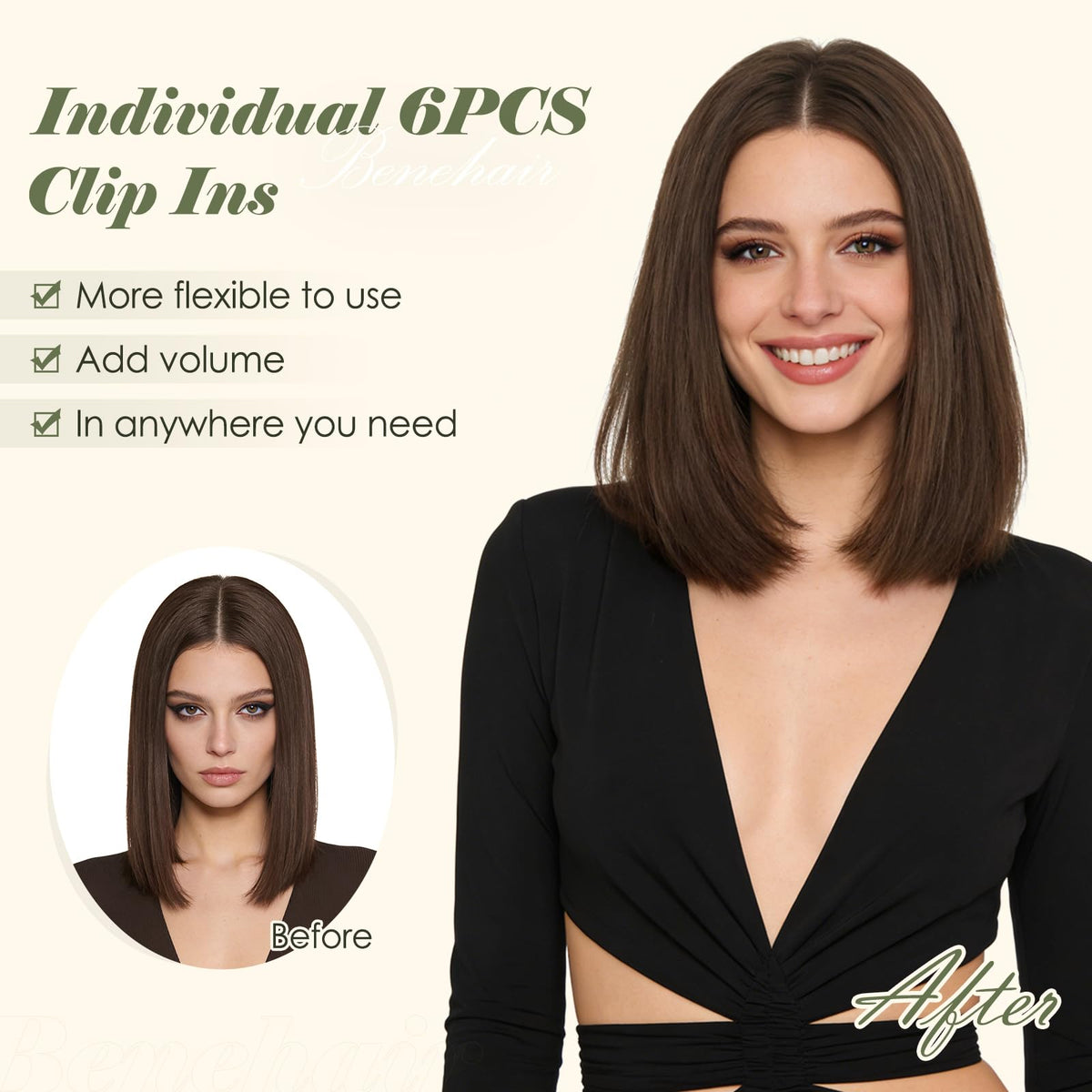 Benehair natural black 1B clip-in hairpiece blended with real hair.