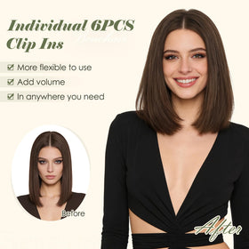 Benehair natural black 1B clip-in hairpiece blended with real hair.