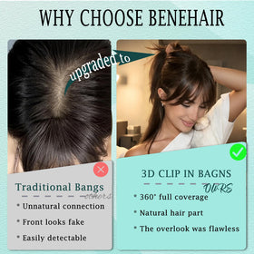 Benehair natural seamless fit bangs blend invisibly with styled hair.