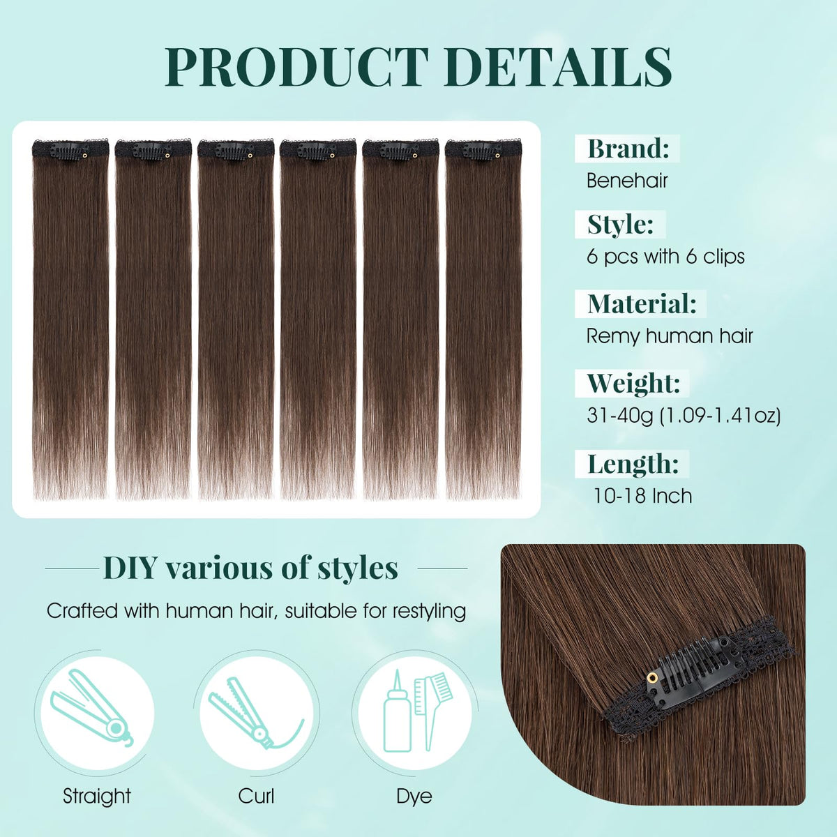 Benehair 100% real human hair close-up with seamless invisible clips.