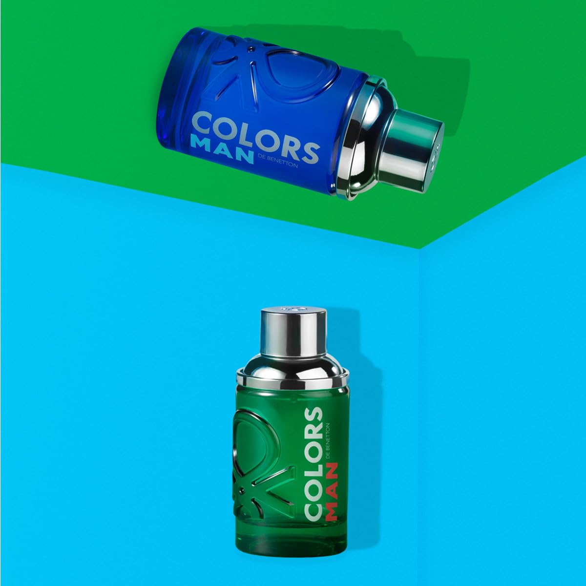 Benetton Colors Man Blue bottle on shelf conveys modern, color-inspired personality.