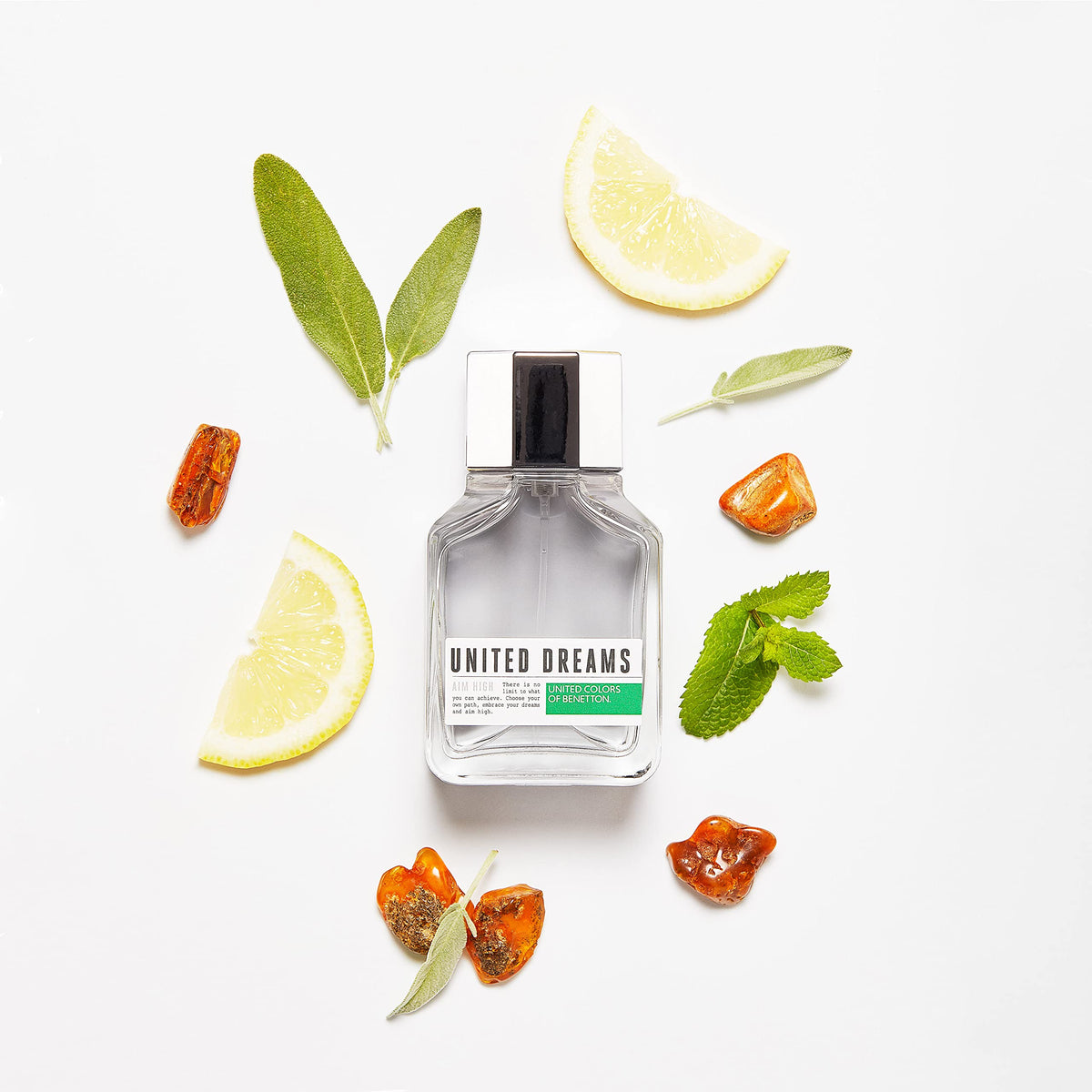 Benetton United Dreams amber bottle on a dresser evokes daily ritual.