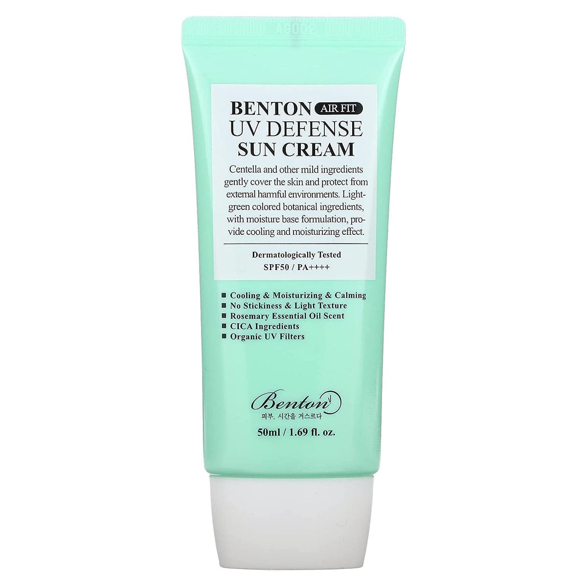 Benton Air Fit UV Defense Sun Cream bottle shows feather-light protection for daily wear.