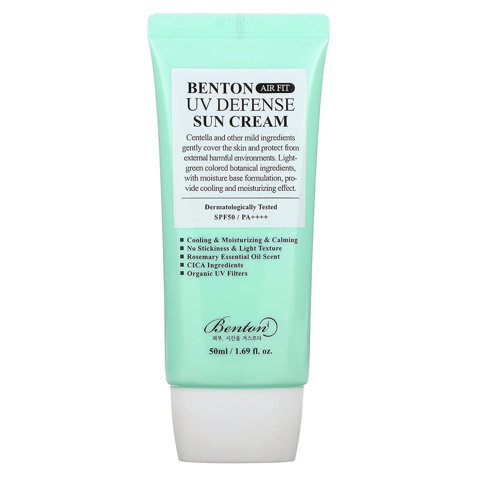 Benton Air Fit UV Defense Sun Cream bottle shows feather-light protection for daily wear.