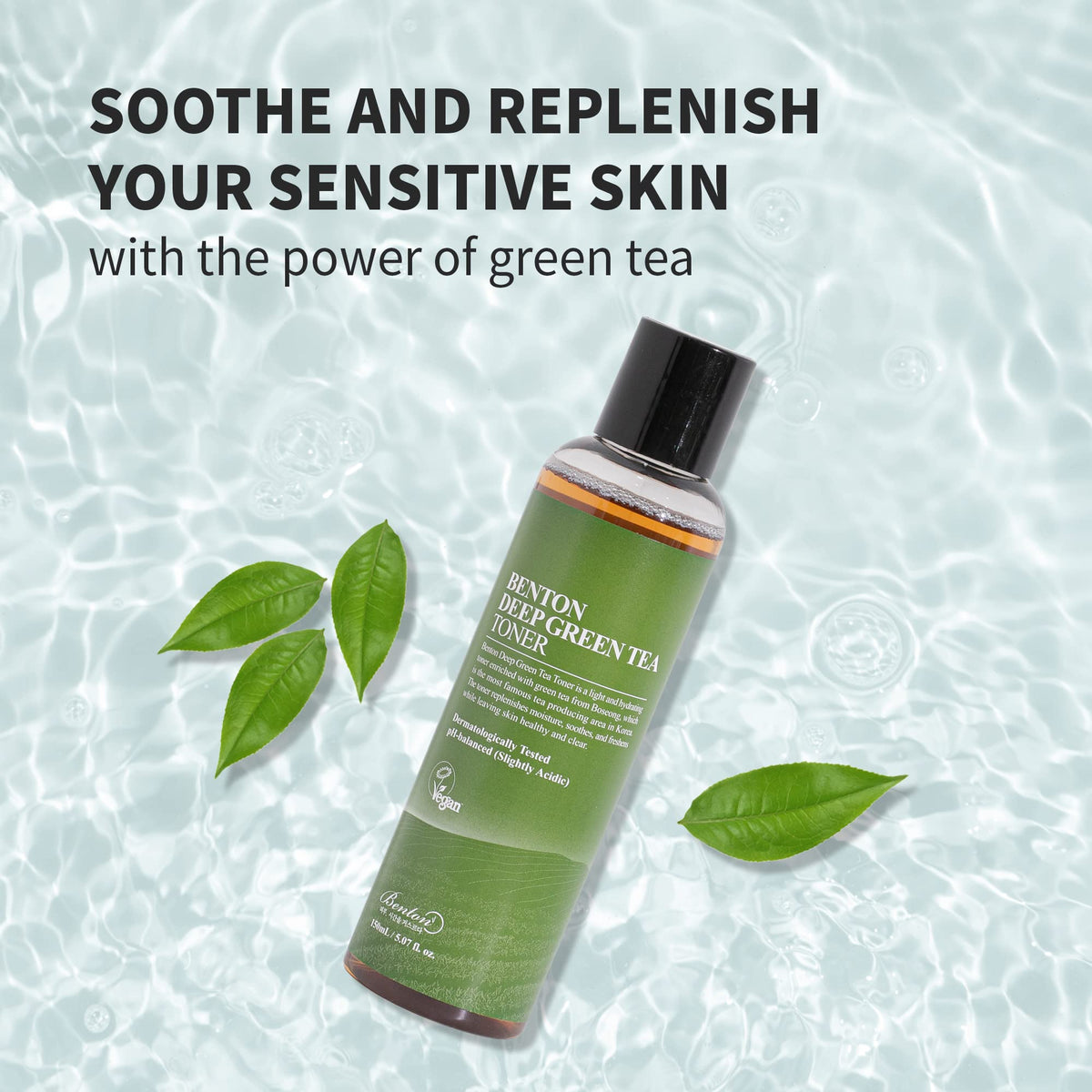 BENTON Green Tea Toner applied to skin demonstrates refreshing, balanced hydration