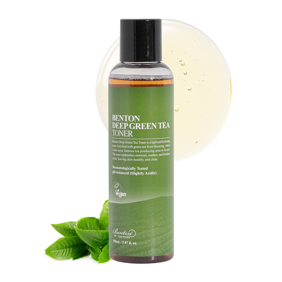 BENTON Green Tea Toner bottle close-up highlights eco-friendly packaging for sensitive skin