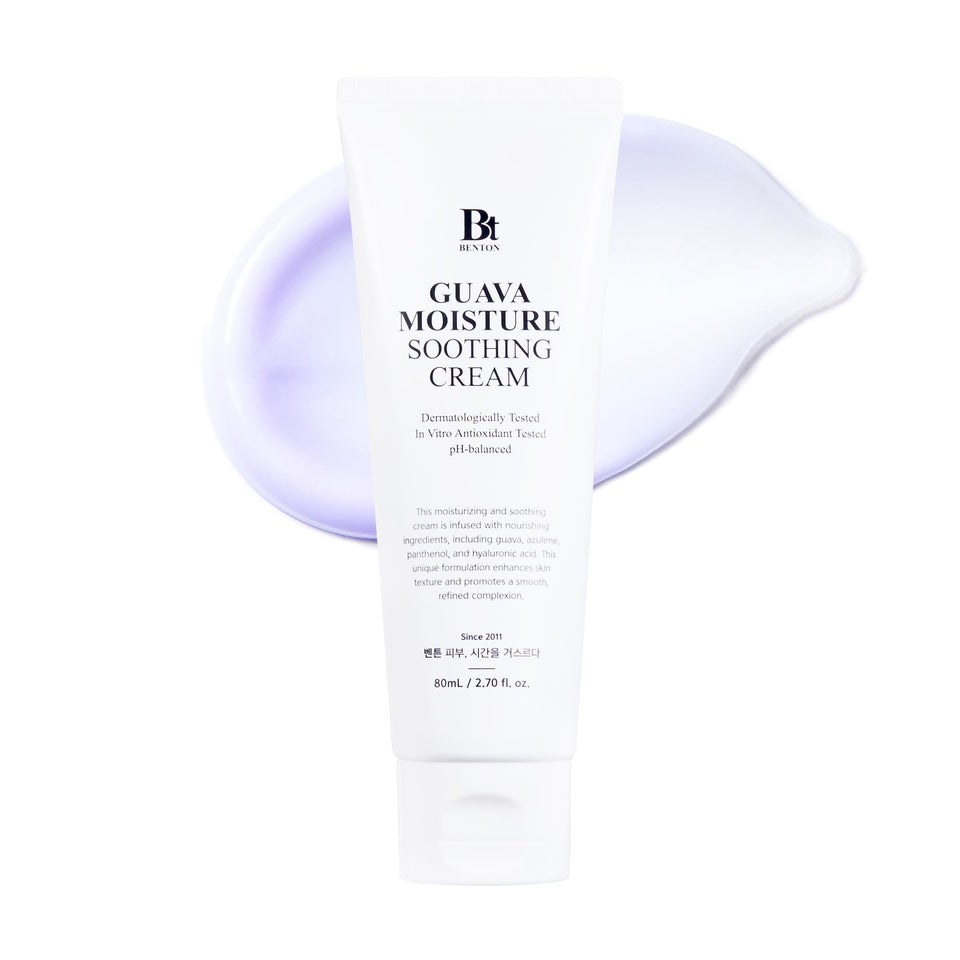 BENTON Guava Moisture Cream jar close-up showing soothing lavender tint and lightweight texture