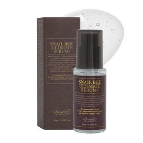Benton Snail Bee Ultimate Serum bottle close-up showing premium formula for sensitive, dry skin.