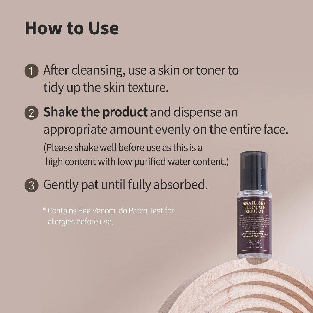 Benton Snail Bee Ultimate Serum user applying the serum as part of a daily routine.