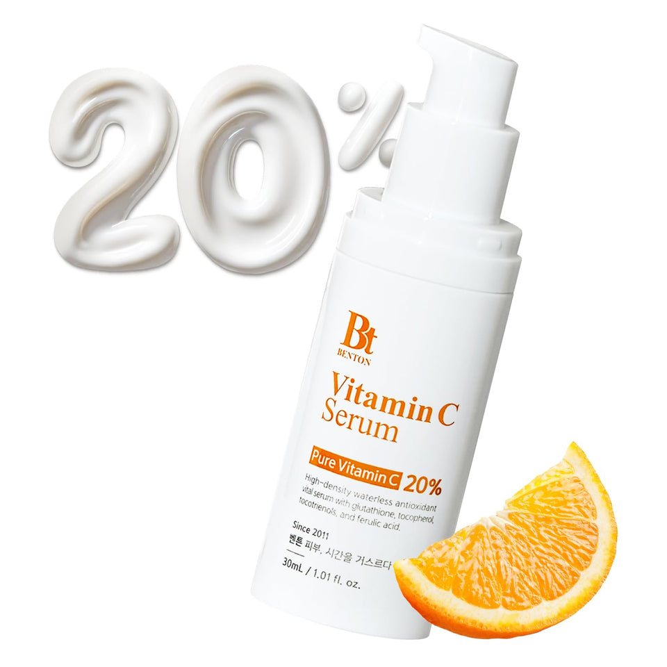 Benton Vitamin C Serum white bottle close-up showing purity for daily skin tone care