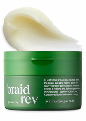 Bephor Braid Rev Scalp Oil Balm jar closeup showing soothing coconut-shea blend.