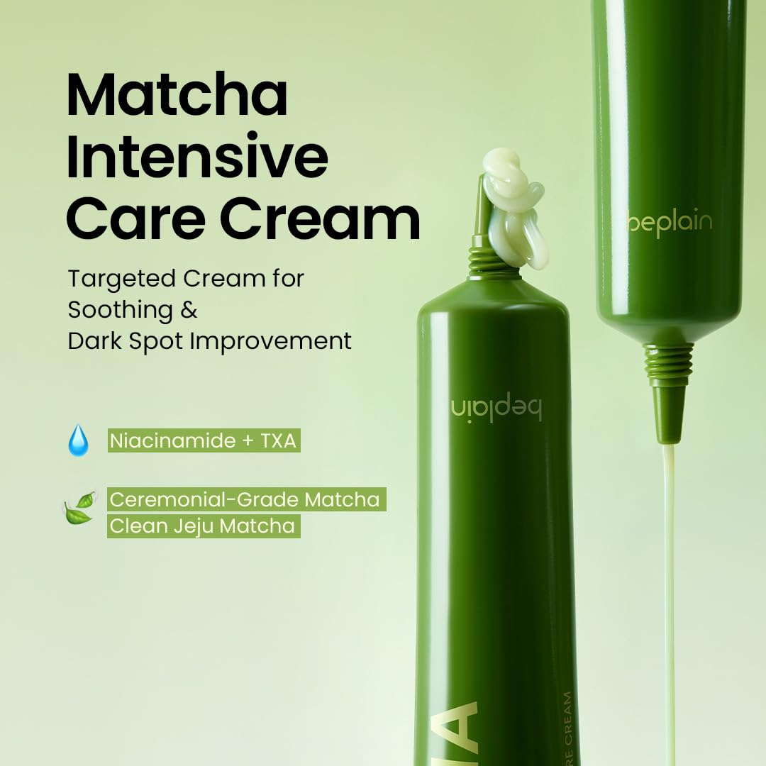 Beplain cream with green tea imagery suggesting antioxidant support for redness relief.