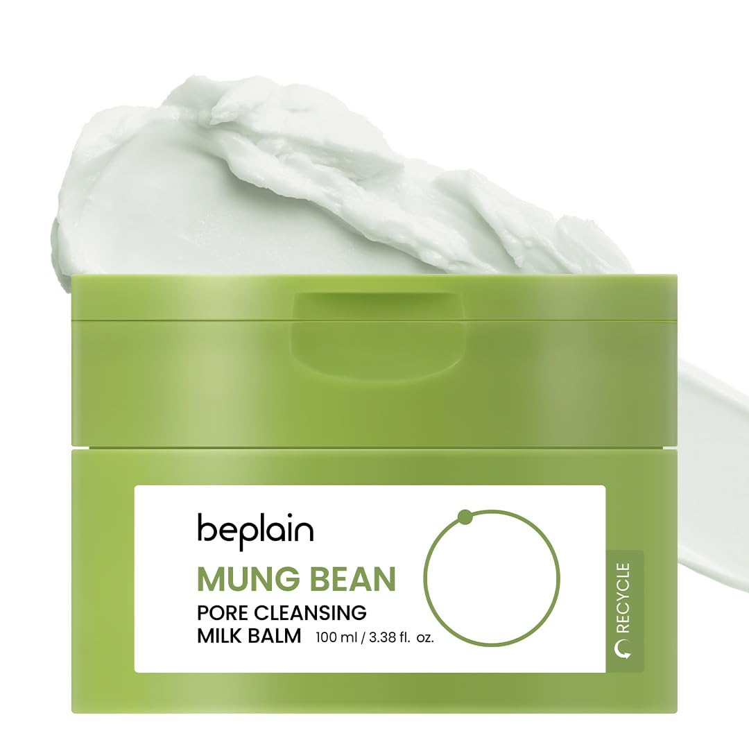 Beplain mung bean pore cleansing milk balm bottle shows fragrance-free makeup removal for sensitive skin.
