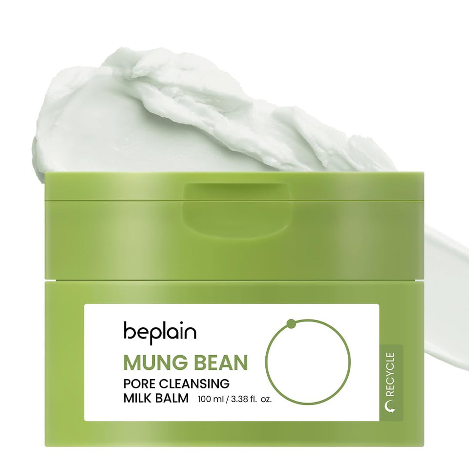 Beplain mung bean pore cleansing milk balm bottle shows fragrance-free makeup removal for sensitive skin.