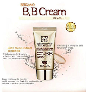Texture close-up of Bergamo Magic Snail BB Cream for natural finish.