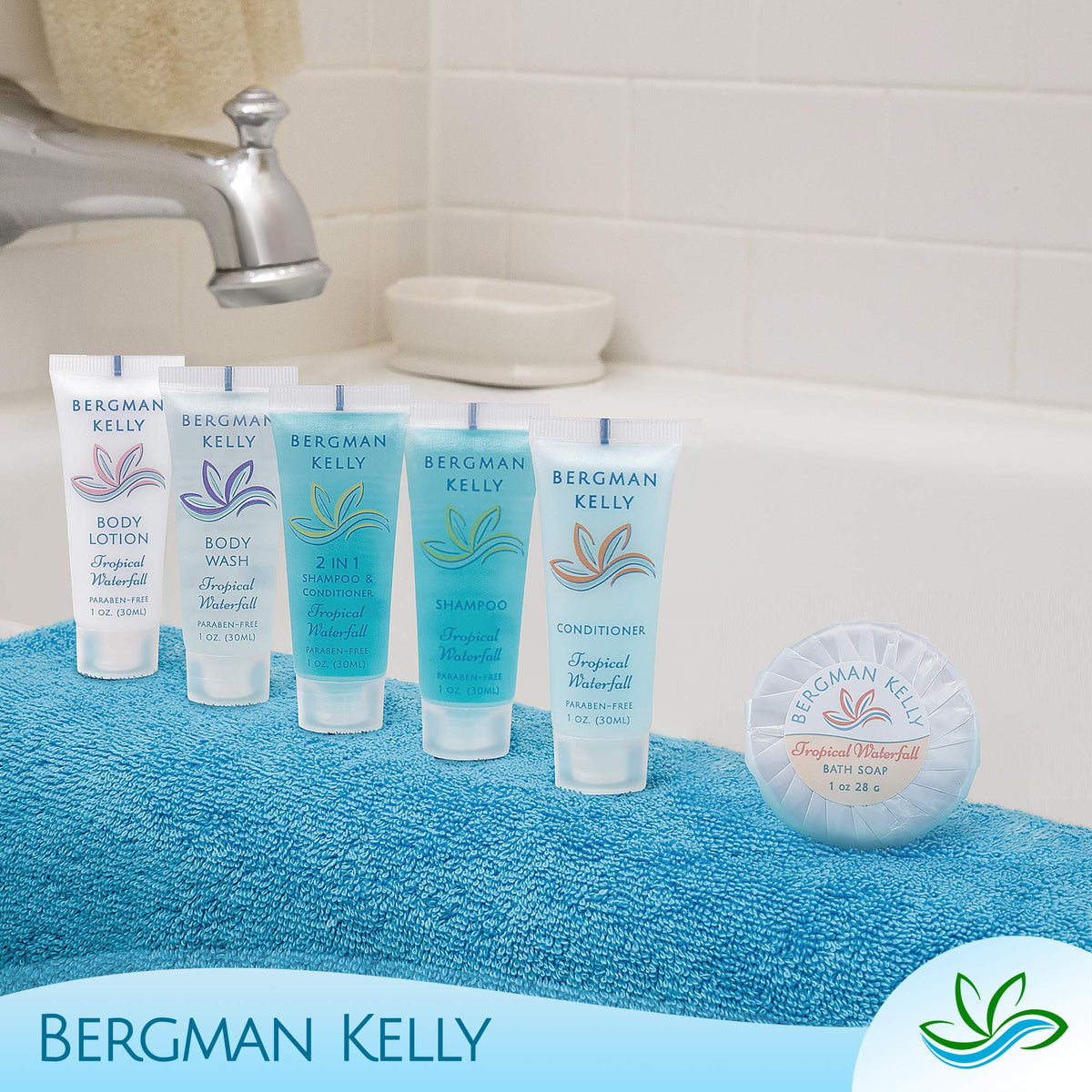 BERGMAN KELLY hotel toiletries bundle tropical waterfall 125 items, convenient guest amenities