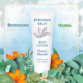 BERGMAN KELLY lotion in use in a hotel room for quick refreshment.